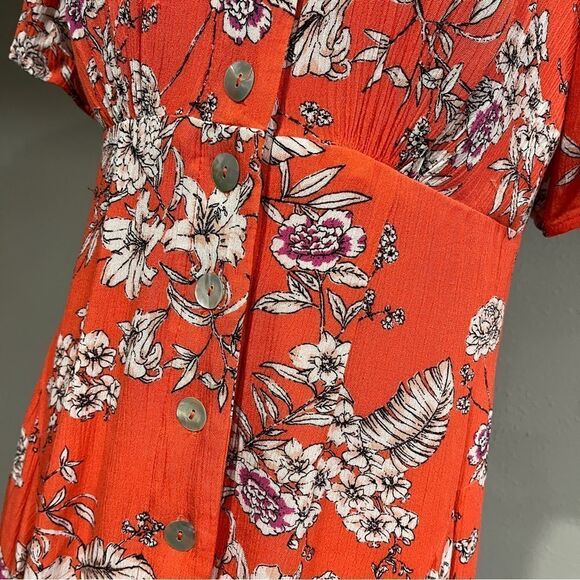 Button down floral blood orange short sleeve dress - Picture 6 of 15